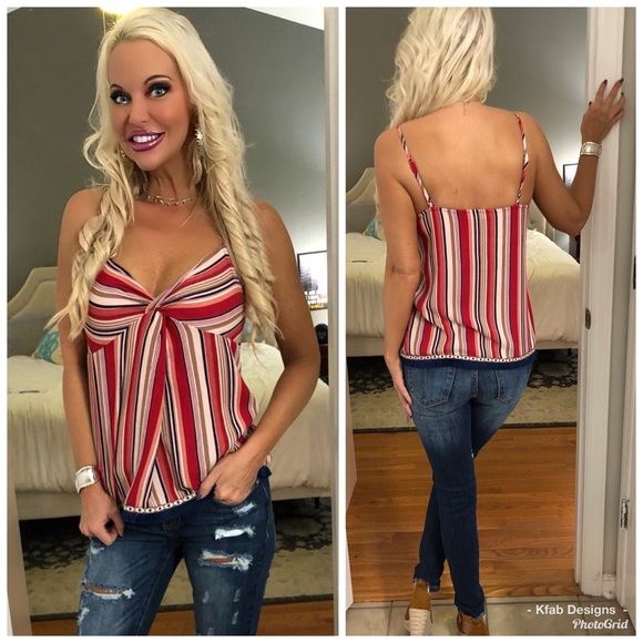 Tops - ❤️LAST 1! Striped Front Knot Fringe Hem Cami!
